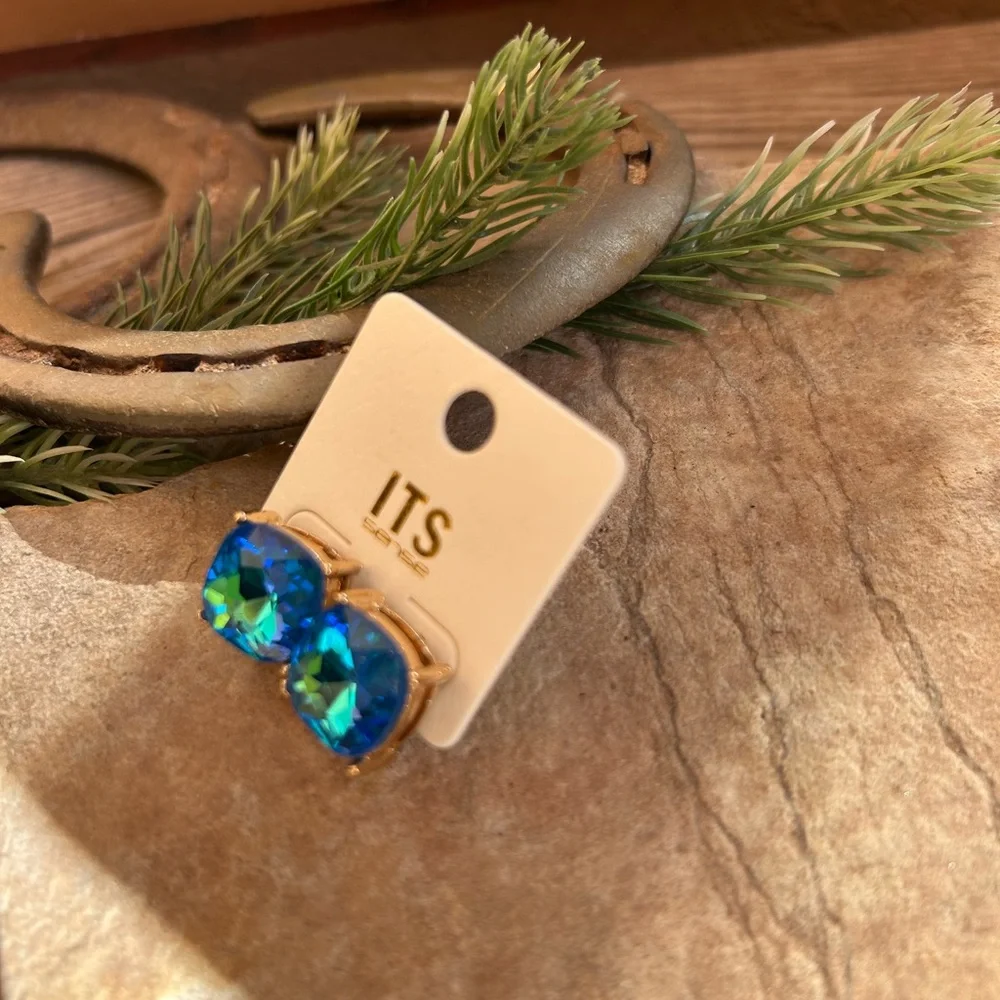 Blue and Gold Cushion-Cut Gemstone Earrings - Picture 5 of 8